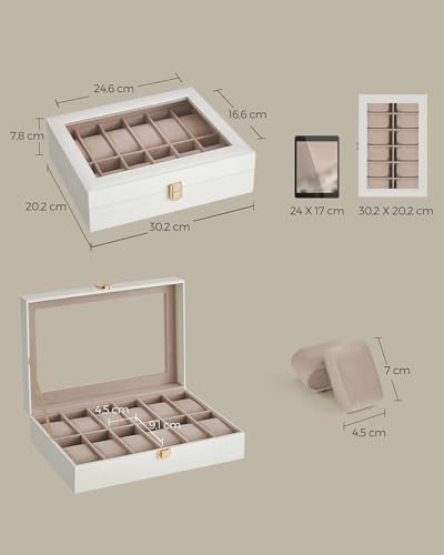 Image of SONGMICS Watch Box With 12 Slots, Glass Lid, Removable Pillows, Metal Clasp, Gift Idea - Cloud White Synthetic Leather, Cappuccino Beige Lining JWB120W01