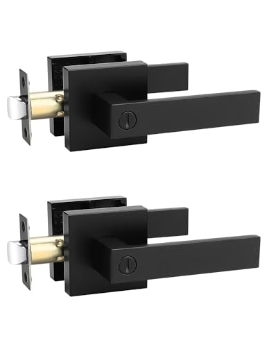 Image of Tinewa 2 Pack Square Privacy Door Levers Locksets in Matte Black Finish, Bed /Bath Door Levers Keyless Interior Handles,Reversible for Left Right Handed Doors