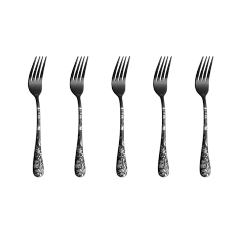 Image of 6.7 inch Charcoal Black Salad Forks with Floral Printed Handle | Set of 5 Durable Stainless Steel Fruit Forks | Mirror Polished Silverware for Home, Restaurants, and Gift Giving