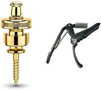 NEW MODEL (2018) Schaller Combo Pack S-Locks Straplocks (Gold) & Genuine Tenacity Branded Deluxe Guitar Capo