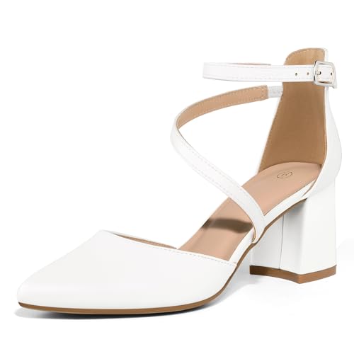 mysoft Women's Pumps Low Chunky Block Heels Pointed Toe Ankle Strap Across Instep Strap Party Wedding Dress Shoes