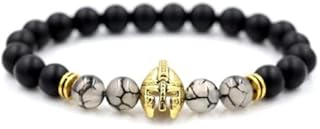 IzuBizu London Men's 18CT Gold Plated Warrior Head Black White Pattern Beads Helmet Bracelet Lava Stone Gladiator Luxury Gift Box