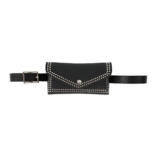 Riñonera de piel sintética con solapa y cinturón para mujer, Remache negro B, Talla única
