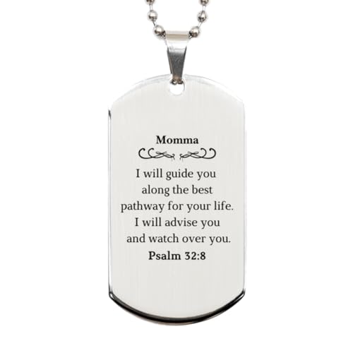 SOFEELSTORE Momma Engraved Silver Dog Tag - Psalm 32:8 Inspirational Gifts for Mom on Birthday, Christmas, and Graduation - Unique Confidence and Guidance for Momma