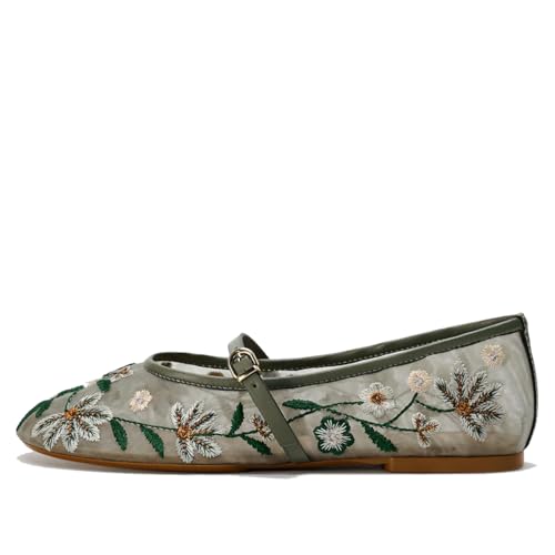 Image of MRKEWUNEY Mesh Ballet Flats for Women Embroidered Floral Round Toe Mary Jane