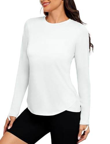 PINSPARK Sport Shirt Damen UPF 50+ UV Shirt Schnelltrocknend Sportshirt Outdoor Sonnenschutz Uv-Schutz Laufshirt Langarm Sport Oberteile Leicht Pilates Yoga Activewear-T-Shirts Weiß S
