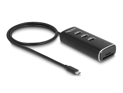 DeLOCK Hub mit 3 USB-Anschlüssen, 10 Gbit/s, bestehend aus einem SD-Kartenleser und Micro-SD-Kartenleser mit USB-Typ-C™-Anschluss, 60 cm Kabel und Schalter für jede Steckdose