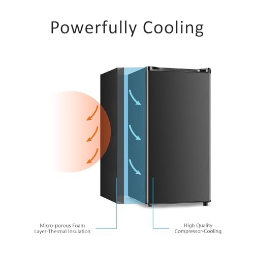 Seaoola Mini Fridge with Freezer, Single Door 3.1 Cu.Ft, Compact Mini Refrigerator, LED Light, Adjustable Thermostat, Removable Glass Shelves, Small Refrigerator for Dorm/Office/Bedroom(Black)