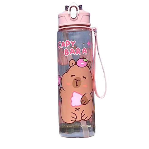 Botella de agua de Capybara 750 ml Botella de agua Kawaii transparente con tazas para beber fugas de paja con mango para mujeres Sports Camping Picnic Camiseta Viajamiento, Estilo 3, caminata de camp
