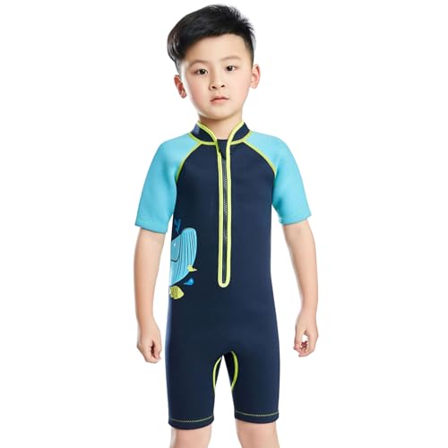 SXSHUN Kinder Mädchen Jungen Neoprenanzug 2.5mm Neopren Shorty UV-Schutz Badeanzug Einteiliger Badeanzüge Wetsuit, Blau, 122-128