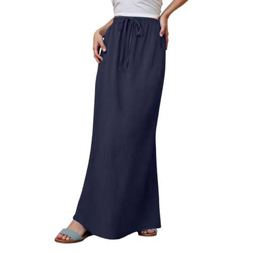 Jupe maxi en lin confortable taille élastique vêtement femme bohème jupe longue fluide