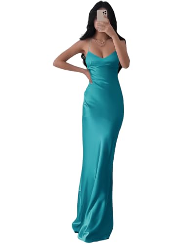 Eightale Satin Aqua Bridesmaid Dress for Women Long Mermaid Bodycon Tight Prom Dresses Backless Spaghetti Straps Slip Maxi Formal Evening Party Gowns Size 0 : Clothing, Shoes & Jewelry