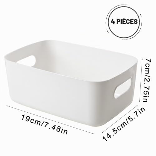 Dafencar Bac Rangement Plastique, 4 Paniers Plastique Durables, Robustes, Avec Poignées des Deux Côtés, Pour Cuisine, Salle de Bain, Chambre d'Enfant, Placard (Blanche) – vue 2