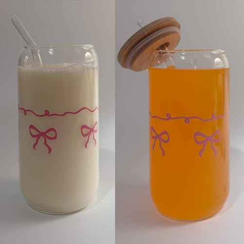 MEOGUTYI Pink Bow Cup, Cute Bow Glass, 16 OZ Glass Cups with Lids and Straws, Coffee Cup, Gift for Her in Graduation Season, Mother's Day, Valentine’s Day, Birthday, Christmas Day — view 4
