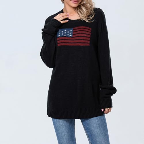 Image of Womens American Flag Sweater Long Sleeve Crew Neck Star Graphic Knit Pullover Tops Casual Loose USA Sweater