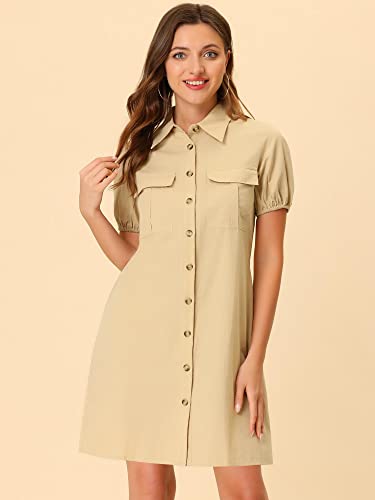 Image of Allegra K Women's Safari Dress Collared Short Sleeve Cotton Belted Button Down Shirt Dresses