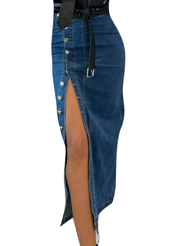 Womens Casual Slit Denim Midi Skirts Stretch High Waist Jean Skirt Stretch Frayed Button Up Skirts
