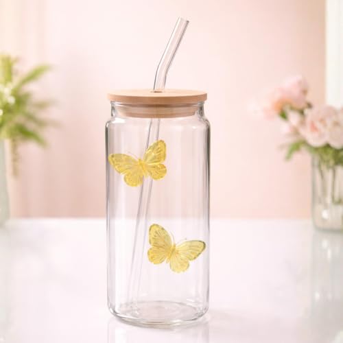Image of Cute Bow Butterfly Glass Tumbler with Straw | 400ml Water Sipper | Reusable & Stylish Mug for Juice, Coffee, Milk, Travel & Office (Yellow)