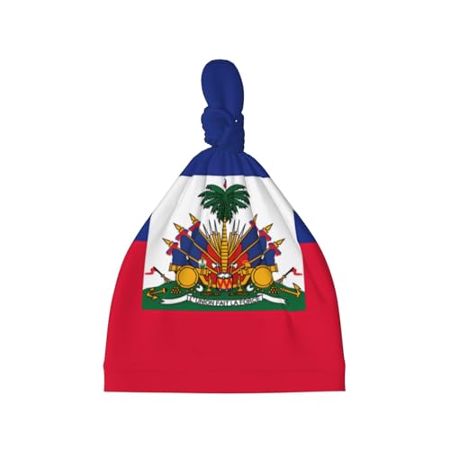 Newborn Baby Hat, Haitian Flag Print Soft Top Knot Beanie Cap, Cute Baby Headwear for 0-6 Months Black