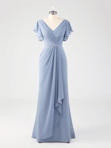 Modest Mother of The Bride Dresses with Sleeve Ruched V Neck Formal Wedding Guest Dress4