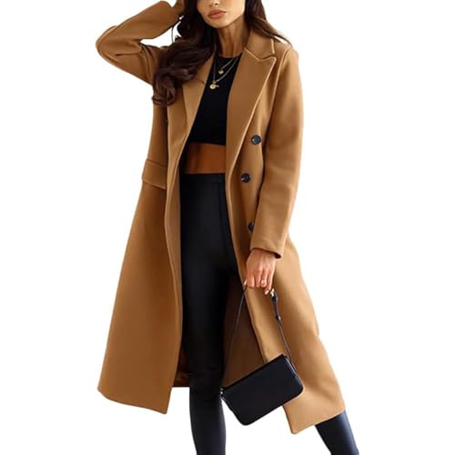JIAALU Mantel Damen Elegant Lang Wollmantel Mode Umlegekragen Langarm Einfarbig Trenchcoat Warme Outwear Winter mit Gürtel Jacke
