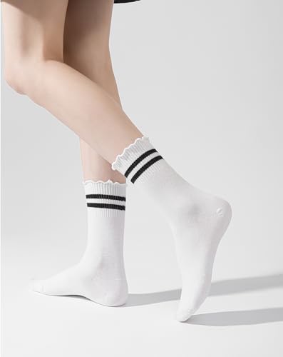 Image of Yawlsow 4 Pairs Ruffle Frilly Striped Socks Women Cute Cotton Coquette Ankle Socks kawaii Lettuce Edge Crew Socks for Girls