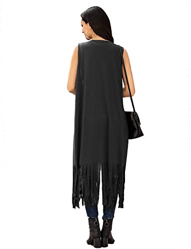 Beyove Long Sleeveless Cardigans For Women Draped Duster Lightweight Fringe Vests With Pockets Black #TOP2
