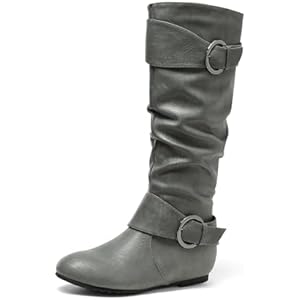 DREAM PAIRS Women's Knee High Low Hidden Wedge Boots Suede Faux Fur Lining Side Zipper Knee High Buckle Boots 5 Black/Suede
