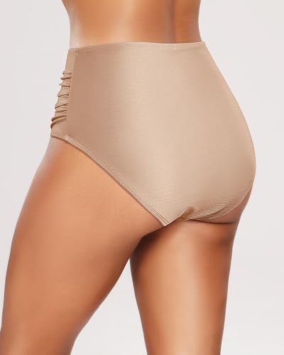 Holipick Calcinha de biquíni feminina de cintura alta com controle de barriga vintage franzido, Dour