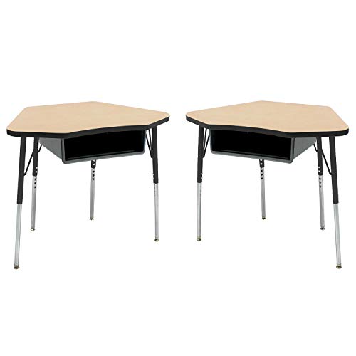 Image of FDP Petal Open Front Student Desk (24 x 36 inch) Table, Book Box for Classroom School Supplies, in-Home Learning, Adjustable Standard Swivel Glide Legs 19-30in (2pk)- Maple Top /Black Edge /Black Legs