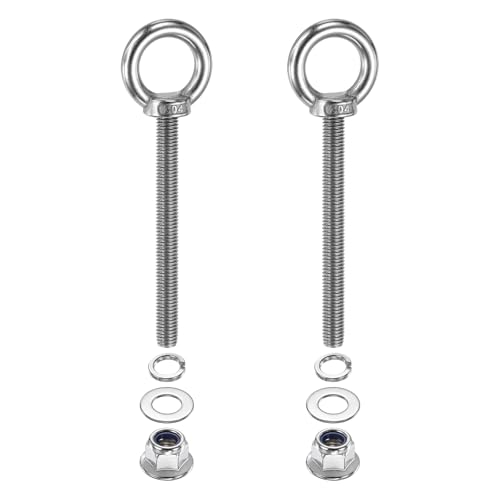 Image of PATIKIL M10 x 100mm Shoulder Eye Bolt, 2 Pcs 304 Stainless Steel Lifting Ring Threaded Eye Bolt with Flange Lock Nuts Spring and Flat Washers for Hanging Tie Down Straps Outdoor Indoor