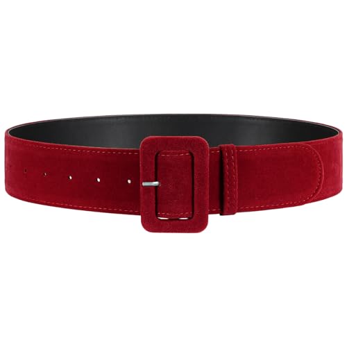 VONMELLI Women Wide Velvet Belt for Dresses Red Thick Chunky Waist Belt with Vintage Square Buckle, S