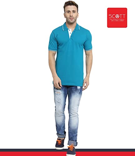 Image of Scott International Men's Organic Cotton Regular Fit Polo T-Shirt (Turquoise Green with White, Medium)