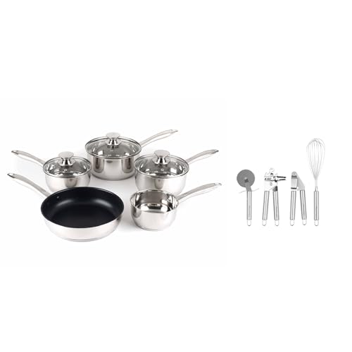 Russell Hobbs COMBO-7550A Classic Collection Pan & Utensil Set - Non-Stick Induction Stainless Steel Pans & Utensil Set, 14/16/18/20/24cm, Kitchen Tool, Can Opener, Crusher, Easy Clean, Includes Lids