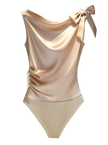 SHENHE Womens Elegant Satin Bodysuit Cowl Neck Sleeveless Bow Ruched Dressy Blouse Bodysuit Apricot Medium