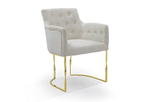 Iconic Home Amalfi Accent Chair Button Tufted Linen Upholstered Polished Brass Solid Metal Frame Modern Contemporary, Champagne #TOP2