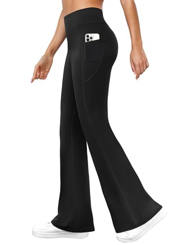 DLOODA Womens Yoga Pants with Pockets High Waisted Flare Leggings Bell Bottom Tummy Control Workout Bootcut Leggings Black
