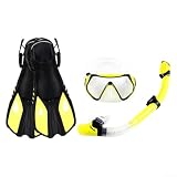 Gdfnmogo Juego de esnórquel para principiantes: máscara ajustable con esnórquel y aletas, equipo de buceo de vidrio templado de silicona para una cómoda debajo (amarillo)