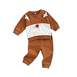 Weihnachten Kleinkind Kind Kinder Kleinkind Baby Jungen Mädchen Langarm Niedlichen Cartoon Sweatshirt Tops Bluse Solide Hose Hose Weihnachten Outfits Set 2 STÜCKE Baby Anzug (Brown, 18-24 Months)