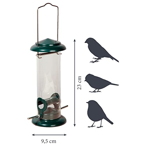 dobar® 11516 Kompakte Vogelfuttersäule mit Anflugstangen - Wildvogelfutterspender für Sämereien - Vogelfutterstation Metall - Futterspender in Garten/Terrasse/Balkon - Ø 9,5 x 23 cm - Grün