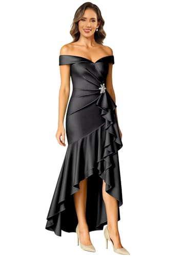 High Low Satin Mother of The Bride Dresses Mermaid Off The Shoulder Formal Evening Dress for Women