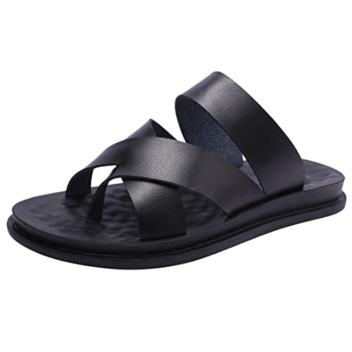 Harssidanzar Sandales en cuir Flip flops slip on Cross straps slide Sandals hommes Toe ring style KM221EU,Noir,taille 46