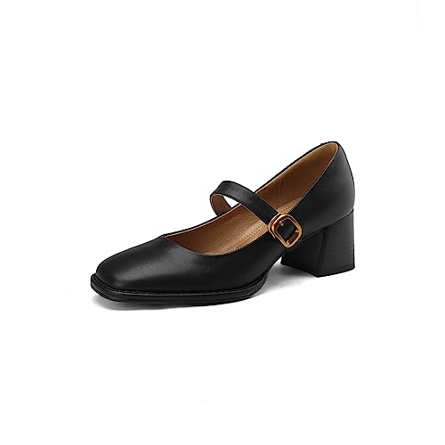TinaCus Women's Square Toe Genuine Leather Handmade Buckle Chunky Heels Retro Mary Jane Shoes