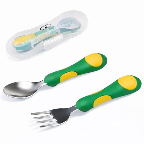 Image of Baby Spoon and Fork Set, Green Stainless Steel & Silicone Toddler Cutlery Set with Easy Grip, 2 Pc, Self Feeding Utensils for Baby Meals School and Travel, Mealtime Essential
