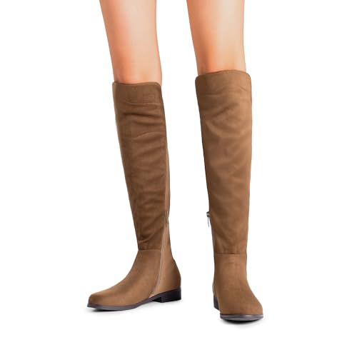 DREAM PAIRS Women's Knee-High Boots Comfortable Flat Low Heel Round Toe Stretchy Suede Slouch Boots with Side Zipper,Size 7,Brown-Suede,SDKB2404W