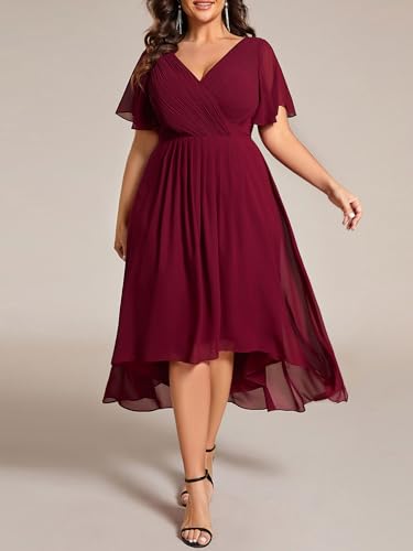 Image of Ever-Pretty Plus Summer Short Sleeves V-Neck Formal Wedding Guest Dresses for Curvy Women Chiffon Midi Cocktail Party Dress