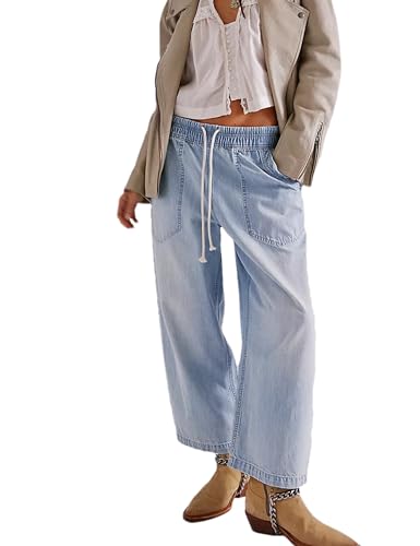 Zontroldy Women's Drawstring Mid Waisted Wide Leg Jeans Loose Fit Straight Leg Denim Pants with Pockets