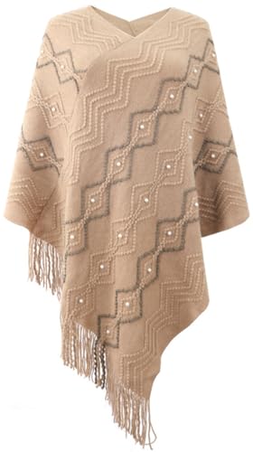 Ponchos Mujer Punto Invierno Otoño Invierno Cuello en V Punto con Flecos Elegante Irregular Capas de Punto Poncho Perlas de La Capa de Las Rayas,Caqui