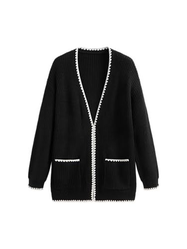 CIDER Knit V-Neck Solid Contrasting Binding Cardigan