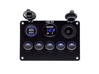 5 Gang Marine Rocker Switch Panel With USB Charger & Voltmeter - Waterproof 12V Pre-Wired For Boats, RVs, Trucks